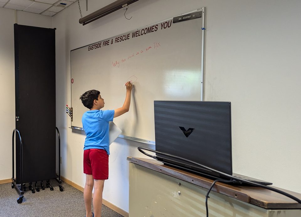 Student building an argument at the whiteboard